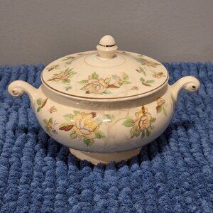 Homer Laughlin N1755 Eggshell Nautilus, Yellow & Gray Flowers, Sugar Bowl & Lid
